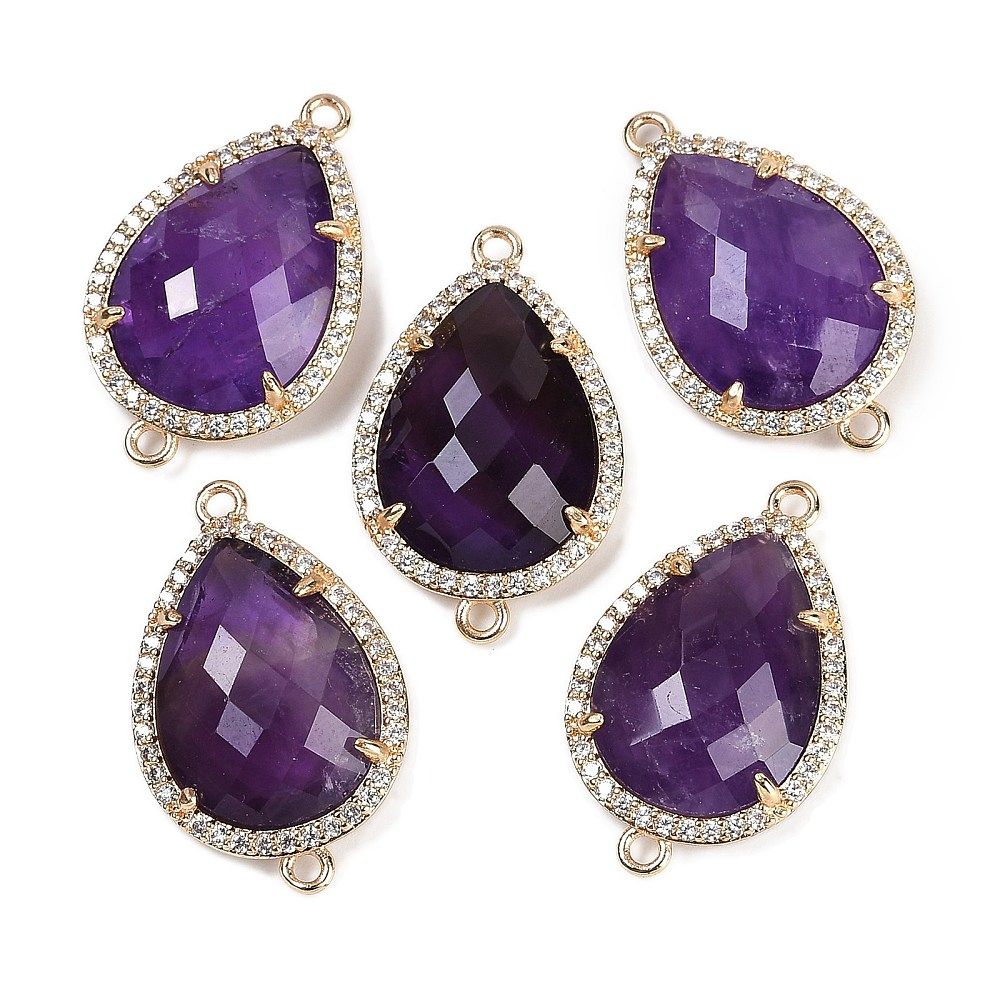 1pcs/Natural Games Faceted Teardrop Links, Rack Plating Brass Micro Pave Clear Cubic Zirconia Connector Charms/26x16.5x6mm