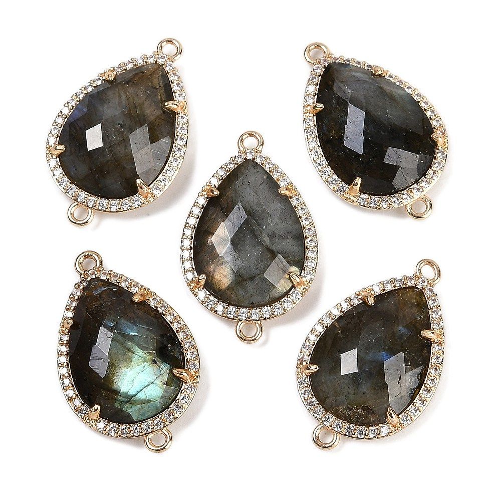 1pcs/Natural Games Faceted Teardrop Links, Rack Plating Brass Micro Pave Clear Cubic Zirconia Connector Charms/26x16.5x6mm