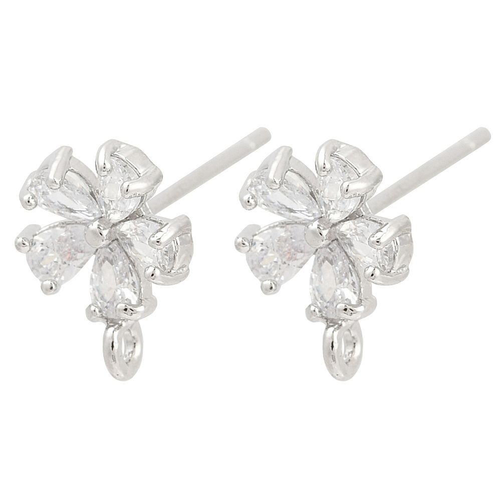 2pcs/Brass Micro Pave Clear Cubic Zirconia Stud Earring Findings, Cadmium Free & Nickel Free & Lead Free, with Loop/9.5x7.5mm
