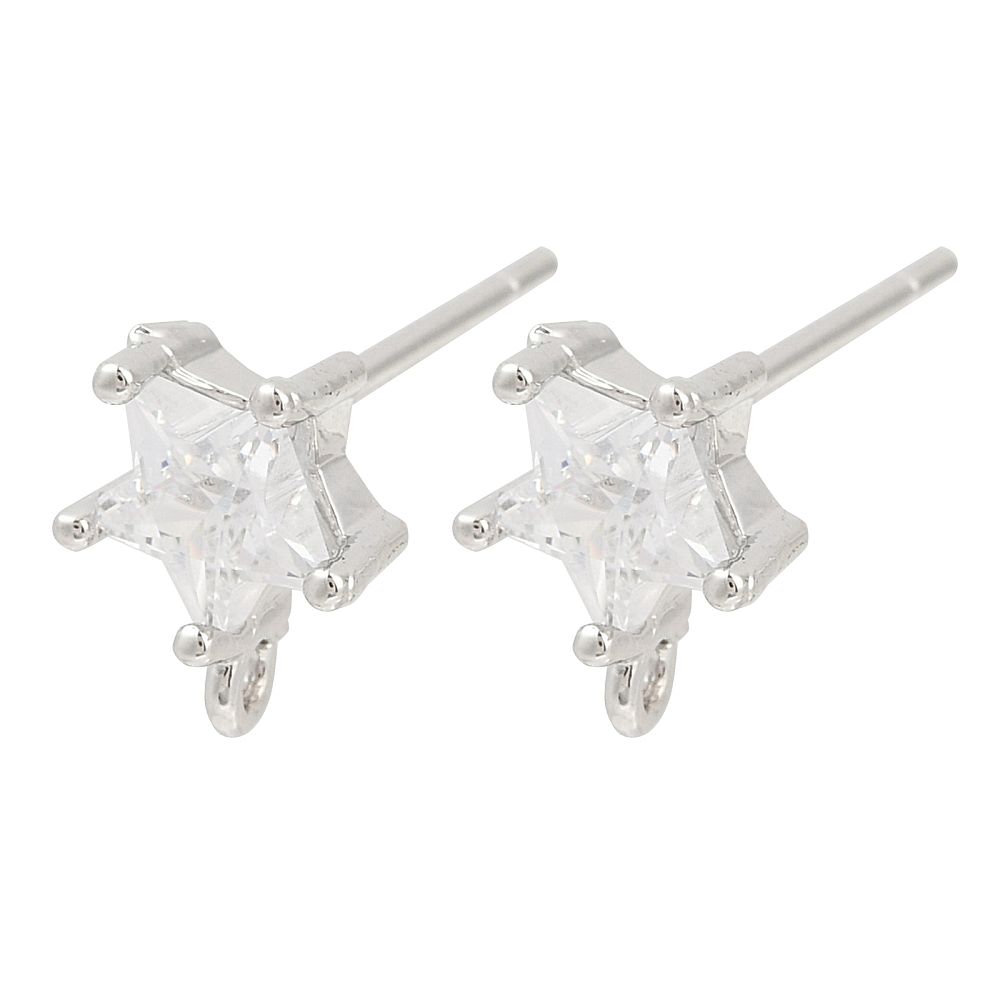 2pcs/ Brass Micro Pave Clear Cubic Zirconia Stud Earring Findings, Cadmium Free & Nickel Free & Lead Free, with Loop/ 9.5x7.5mm