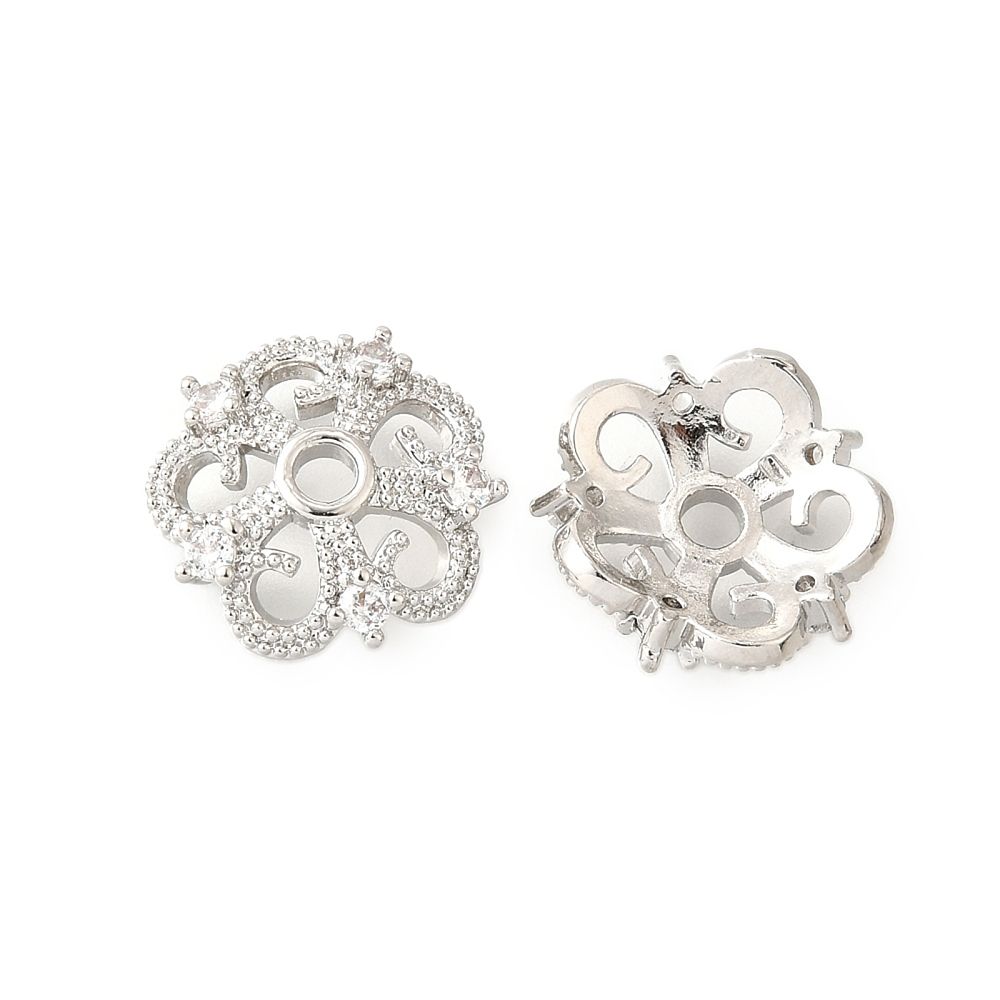 2pcs/Flower Brass Clear Cubic Zirconia Bead Caps, Long-Lasting Plated/14.5x5mm