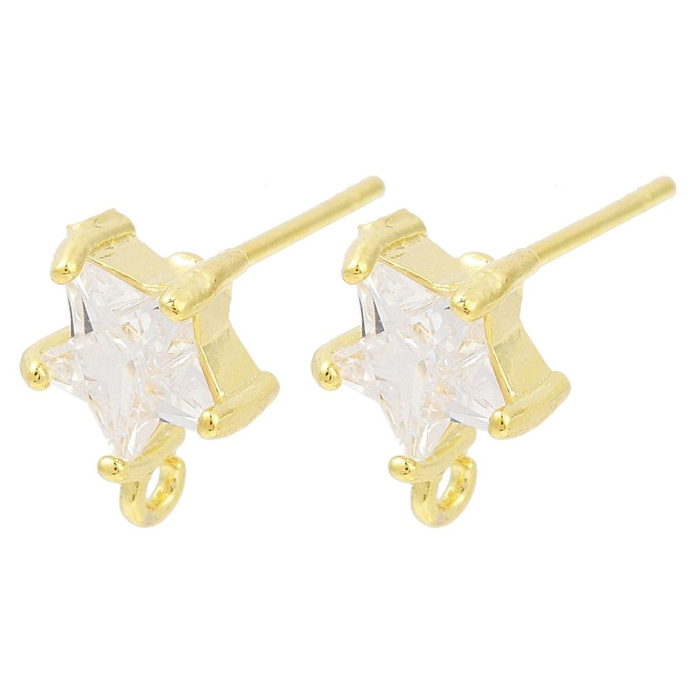 2pcs/ Brass Micro Pave Clear Cubic Zirconia Stud Earring Findings, Cadmium Free & Nickel Free & Lead Free, with Loop/ 9.5x7.5mm