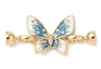 Butterfly Brass Micro Pave Clear Cubic Zirconia Fold Over Clasps, Cadmium Free & Nickel Free & Lead Free, with Enamel, Real 18K Gold Plated/45mm