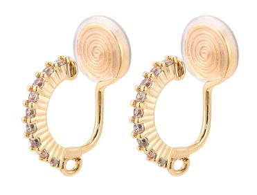 2pcs/Brass Micro Pave Cubic Zirconia Clip-on Earring Findings, Arch, Long-Lasting Plated, Nickel Free, Real 18K Gold Plated/ 20.5~21x13~13.5x9mm
