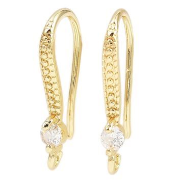 2pcs/Brass Micro Pave Cubic Zirconia Earring Hooks, with Horizontal Loop, Long-Lasting Plated, Cadmium Free & Lead Free, Real 18K Gold Plated/20x3x8mm