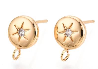 2pcs/Brass Micro Pave Clear Cubic Zirconia Stud Earring Findings, Long-Lasting Plated, Nickel Free, Real 18K Gold Plated/9.2x8.1mm