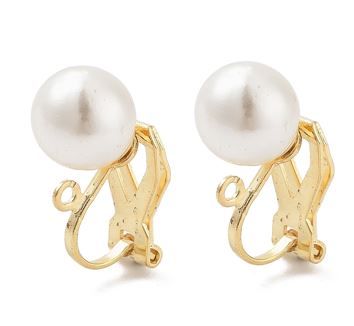 2pcs/ 304 Stainless Steel Clip-on Earring Findings with Imitation Pearl Plastic Beaded/ Gold/ Silver/17x9x6mm