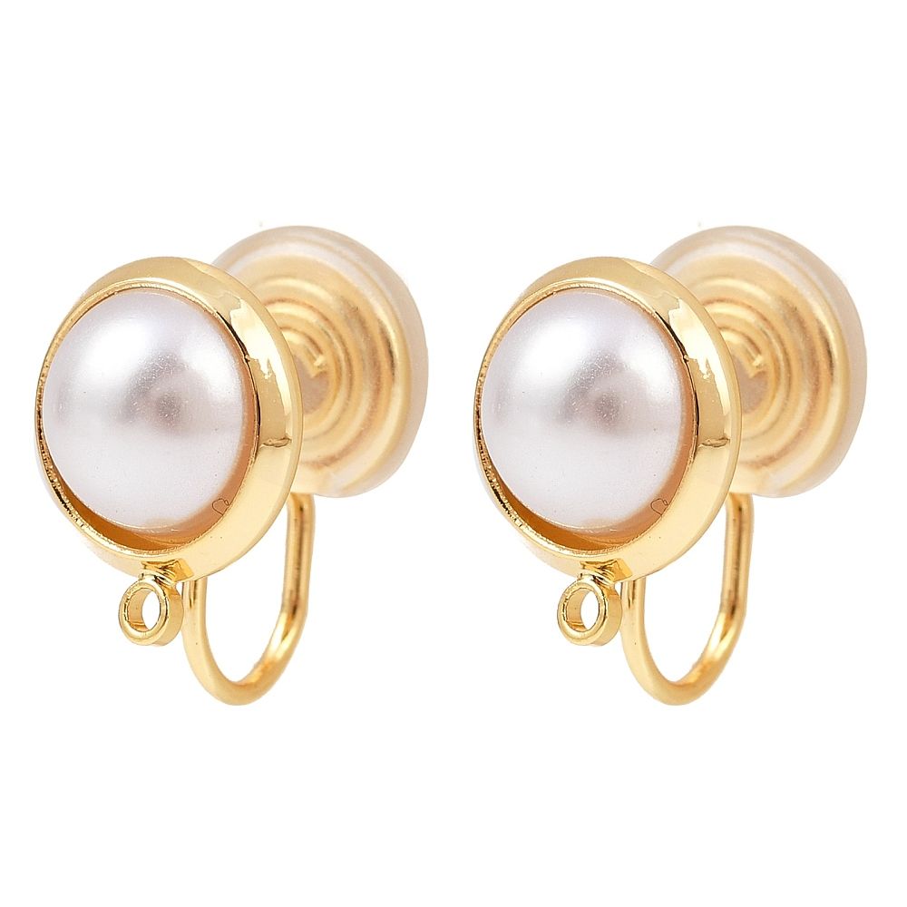 2pcs/ Brass Ear Cuff Findings, with ABS Imitation Pearls and Loops, Long-Lasting Plated, Nickel Free, Real 18K Gold Plated/15x10x12.5mm