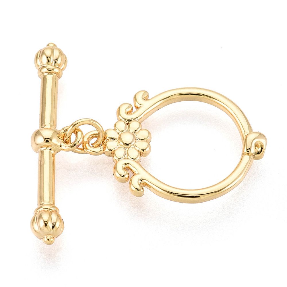 1pcs/Brass Toggle Clasps, Nickel Free, Ring with Flower, Real 18K Gold Plated/25mm