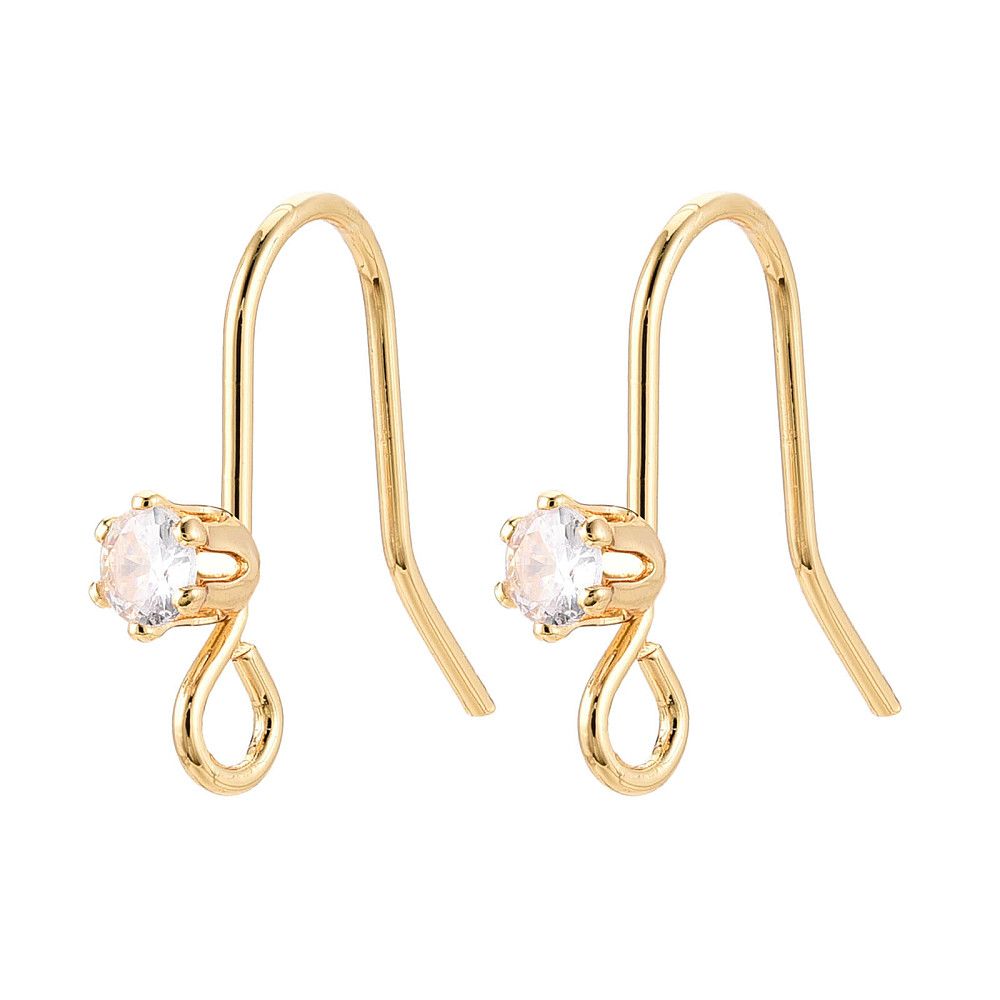 4pcs/Brass Pave Clear Cubic Zirconia Earring Hooks, Nickel Free, Flat Round, with Loop, Real 18K Gold Plated/ 15x3.5mm