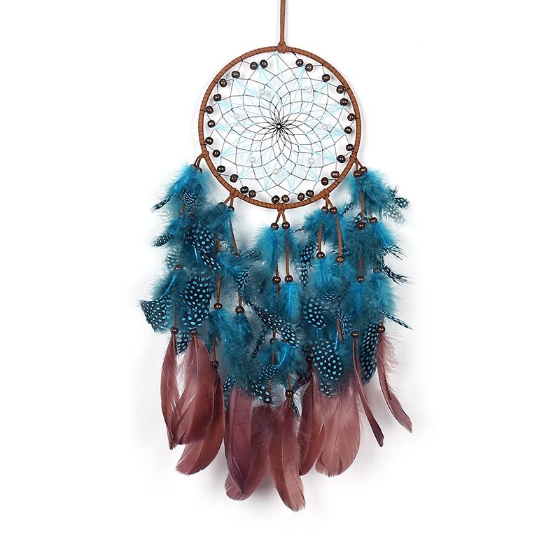 Woven Web/Net with Feather Hanging Ornaments, Iron Ring for Home Living Room Wall Decoration, Steel Blue, 600x160mm