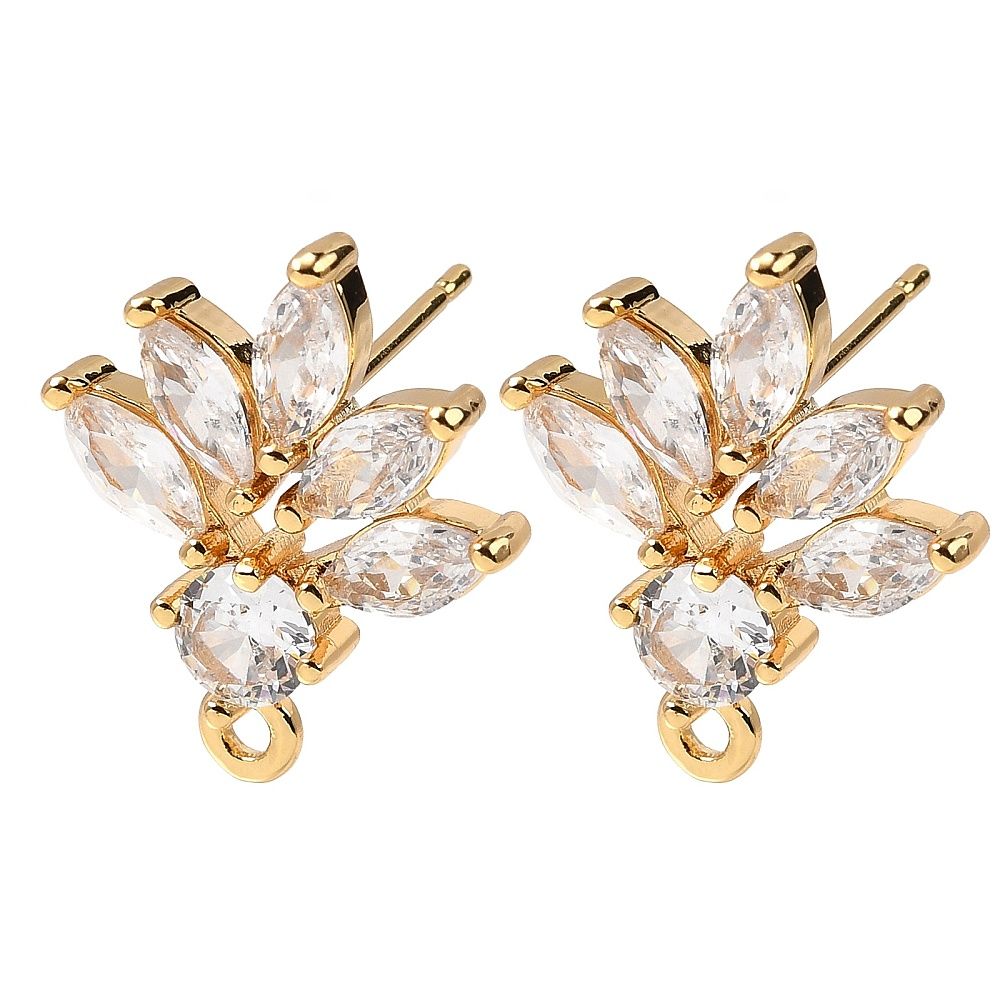 Flower Brass Micro Pave Cubic Zirconia Stud Earring Findings, with Loop, Long-Lasting Plated, Nickel Free, Real 18K Gold Plated/ 2pcs/18.5x15.5mm
