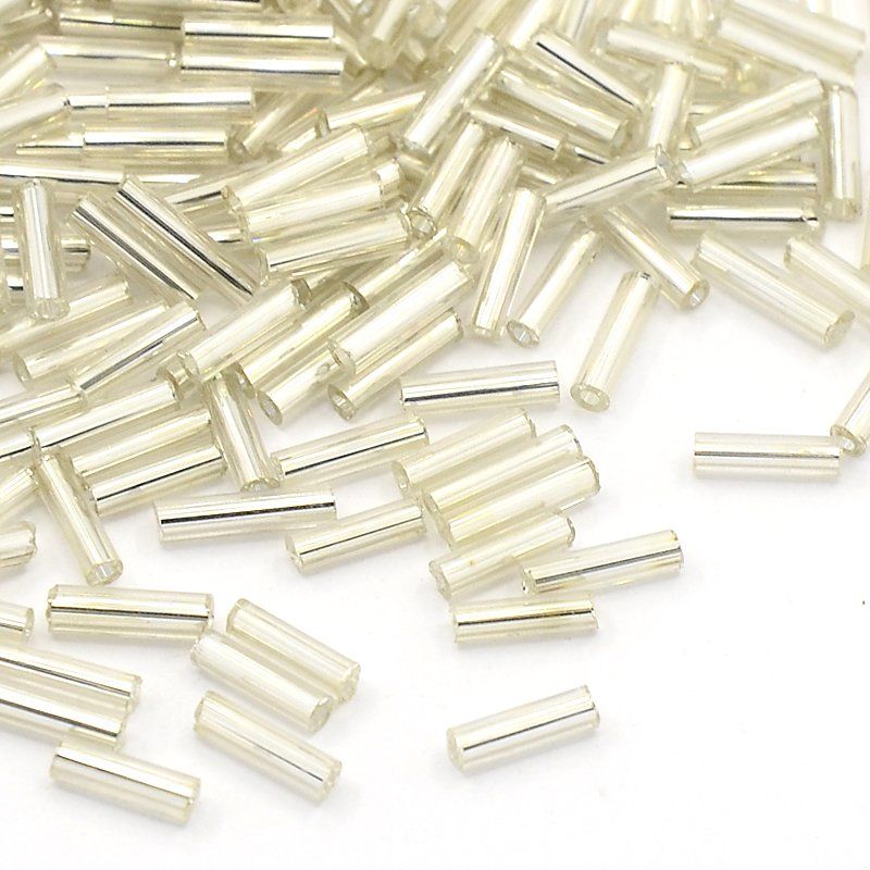Transparent Colours Pearl Luster Plated Round Hole Glass Bugle Beads, White