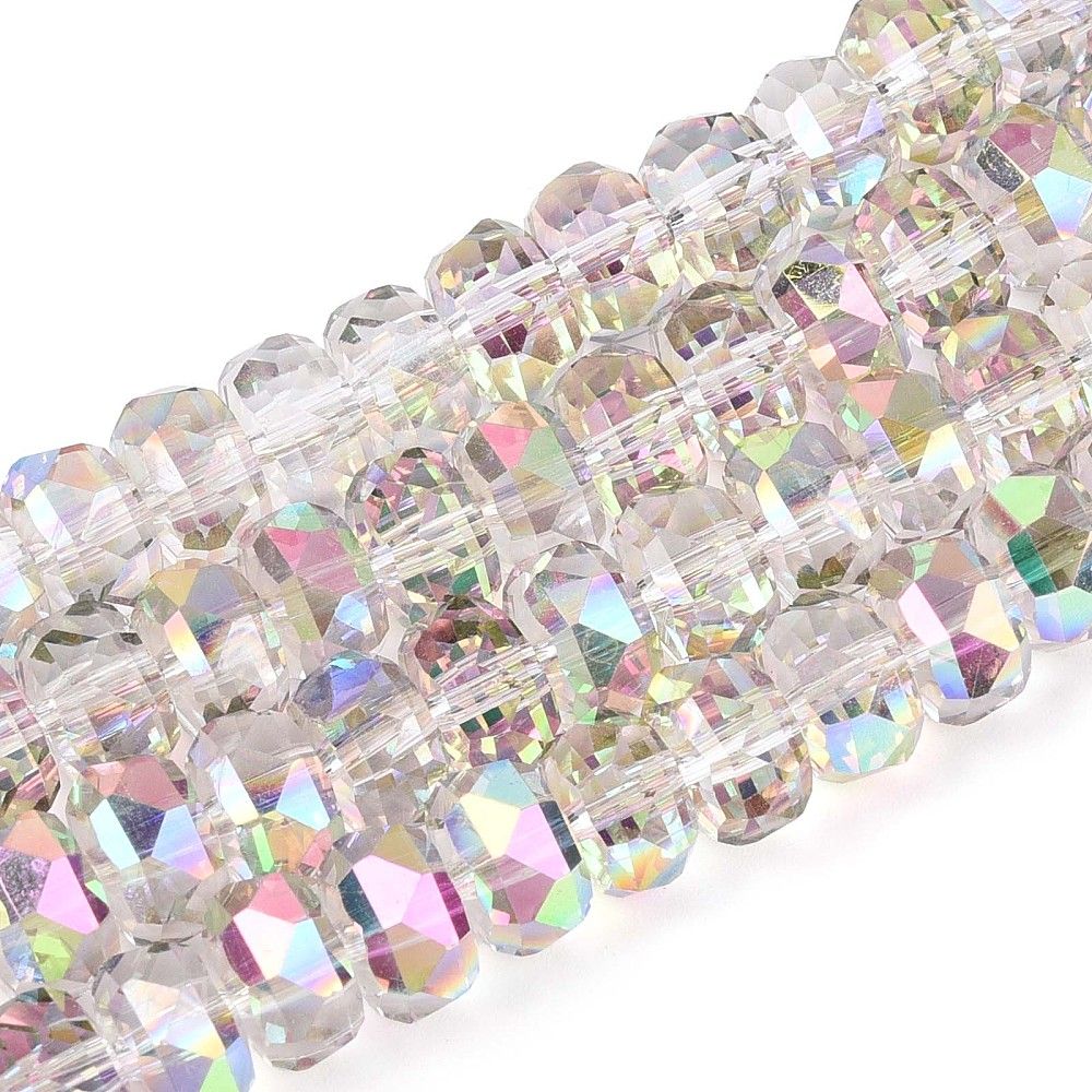 Electroplate Transparent Glass Beads Strands, Rondelle, Faceted, 7.5~8x4.5~5.5mm, Hole: 1.2~1.4mm, about 34~37pcs/strand, 7.09~7.28 inch(18~18.5cm)