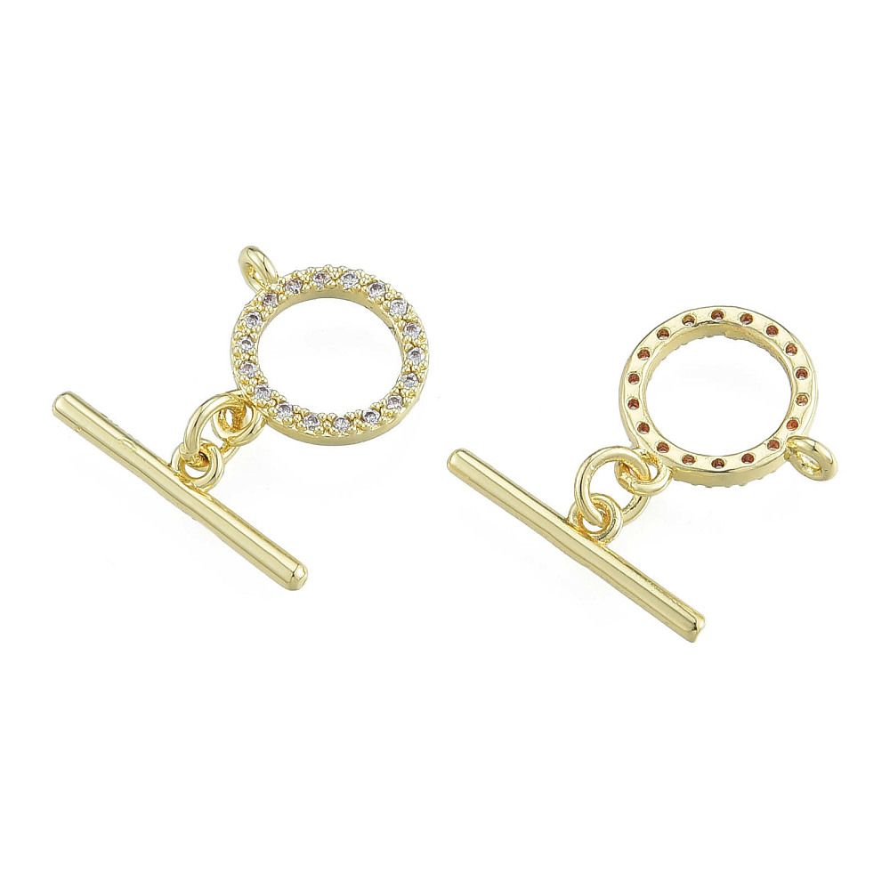 1pcs/Brass Micro Pave Clear Cubic Zirconia Toggle Clasps, Nickel Free, Ring, Real 14K Gold Plated/19x4.5x1.5mm