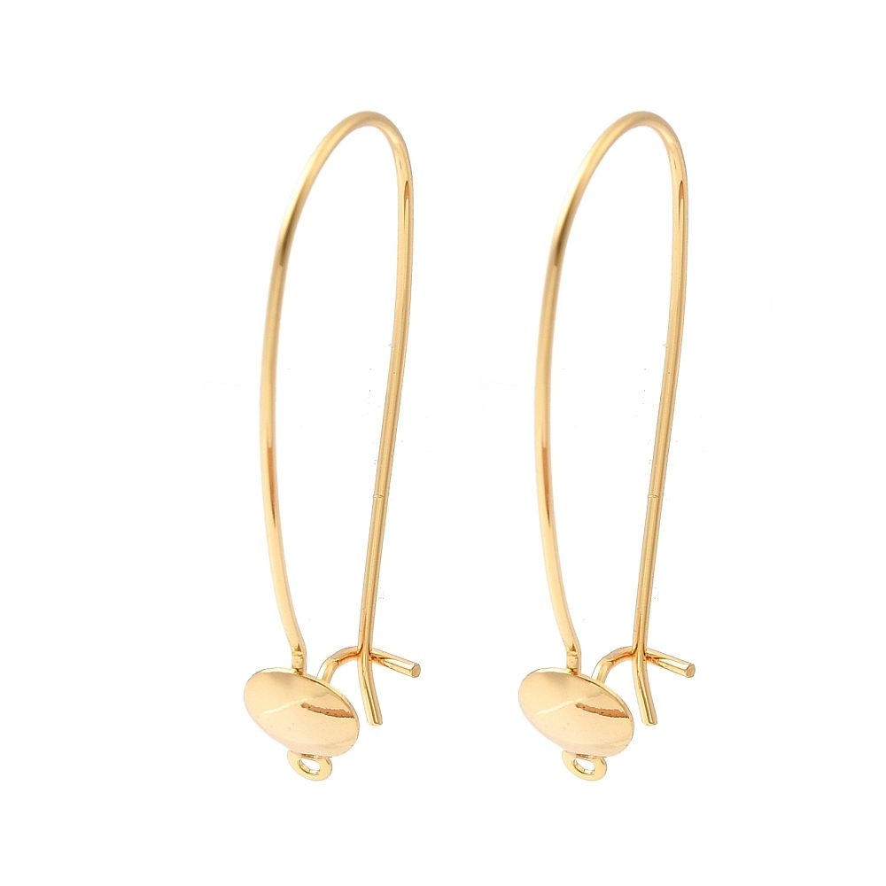 Brass Ear Hooks, with Loop, Flat Round, Nickel Free, Oval, Real 18K Gold Plated/34x6x16mm