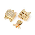 1pcs/Brass Micro Pave Clear Cubic Zirconia Box Clasps, 2-Strand, 4-Hole, 14x10.5x5mm/Lead Free & Cadmium Free, Long-Lasting Plated, Rack Plating, Real 18K Gold Plated/