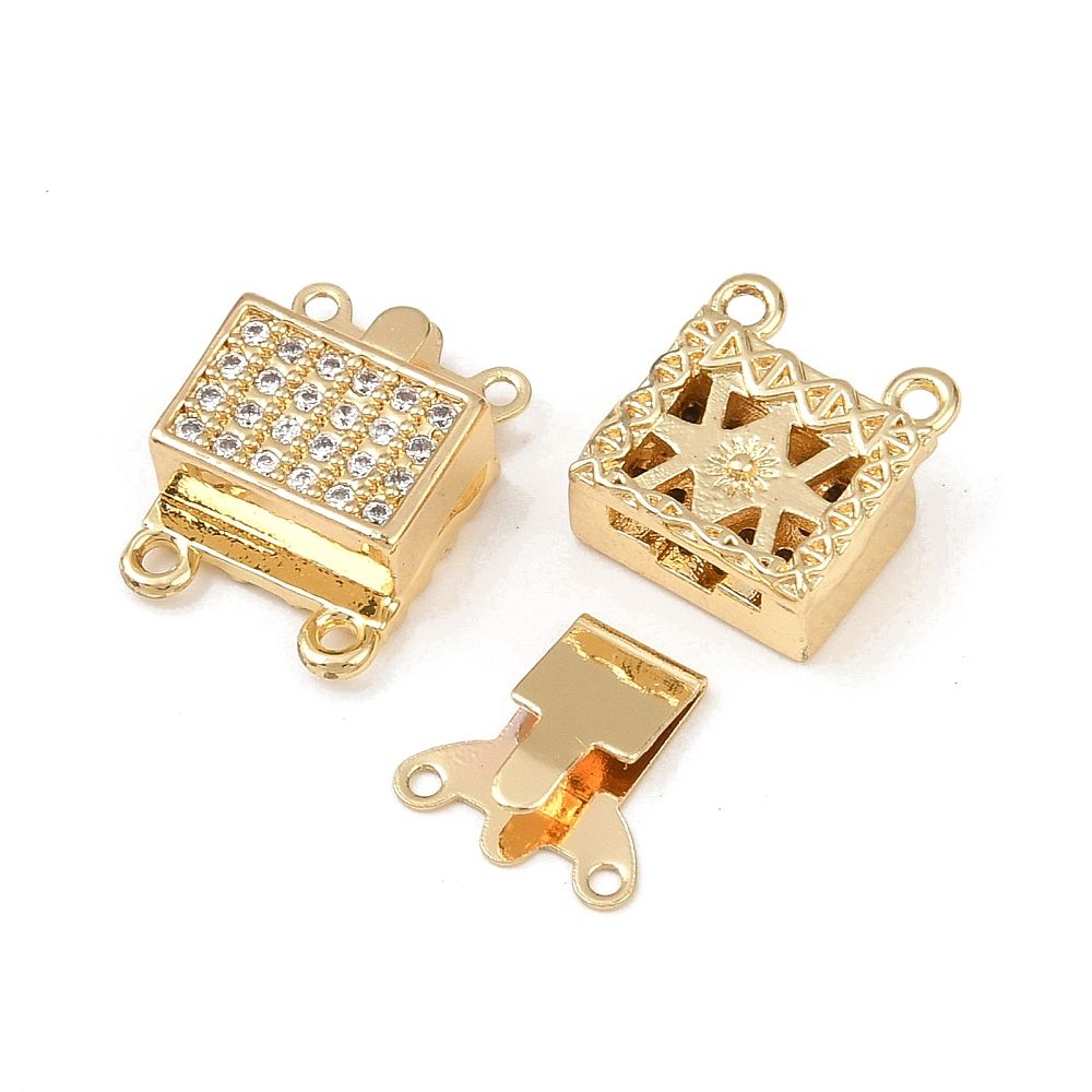 1pcs/Brass Micro Pave Clear Cubic Zirconia Box Clasps, 2-Strand, 4-Hole, 14x10.5x5mm/Lead Free & Cadmium Free, Long-Lasting Plated, Rack Plating, Real 18K Gold Plated/