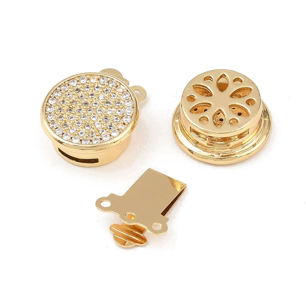 1pcs/Brass Micro Pave Clear Cubic Zirconia Box Clasps, 3-Strand,Cadmium Free, Long-Lasting Plated, Rack Plating, Real 18K Gold Plated/17x14x6mm