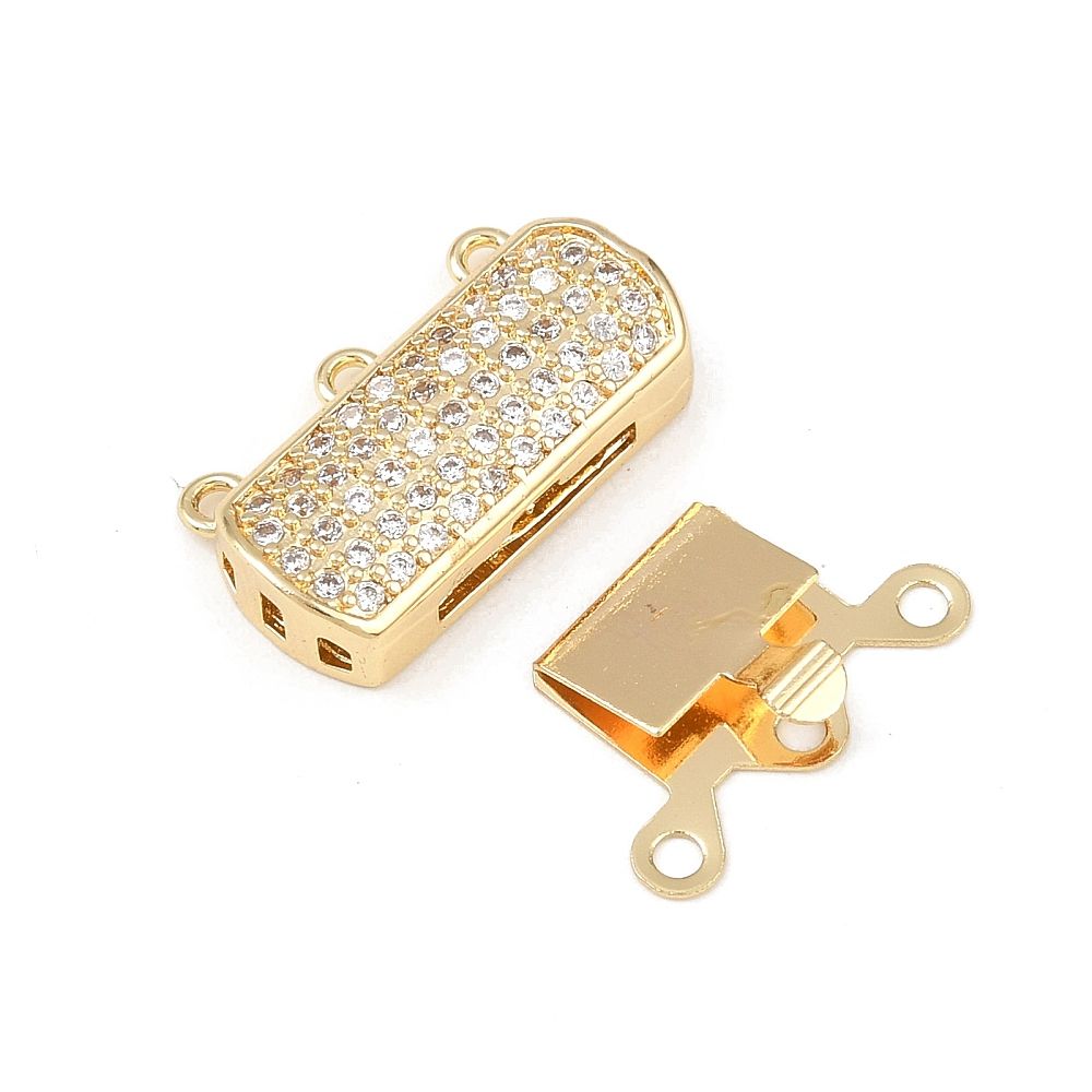 1pcs/Brass Micro Pave Clear Cubic Zirconia Box Clasps, 3-Strand, 6-Hole, Lead Free & Cadmium Free, Long-Lasting Plated, Rack Plating, Real 18K Gold Plated/19x15x5mm