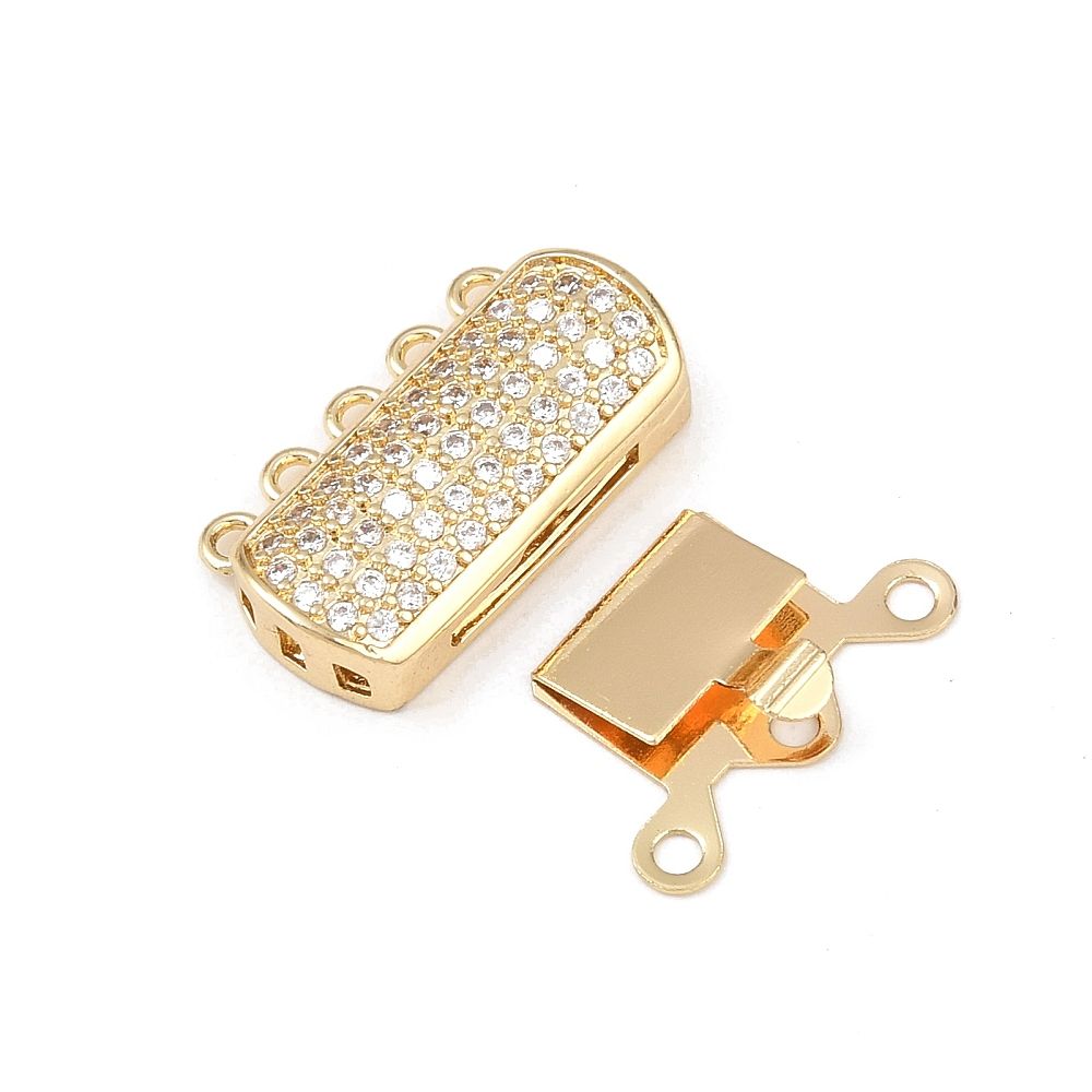 1pcs/Brass Micro Pave Clear Cubic Zirconia Box Clasps, 5-Strand, 10-Hole, Lead Free & Cadmium Free, Long-Lasting Plated, Rack Plating, Real 18K Gold Plated/19x14x5mm