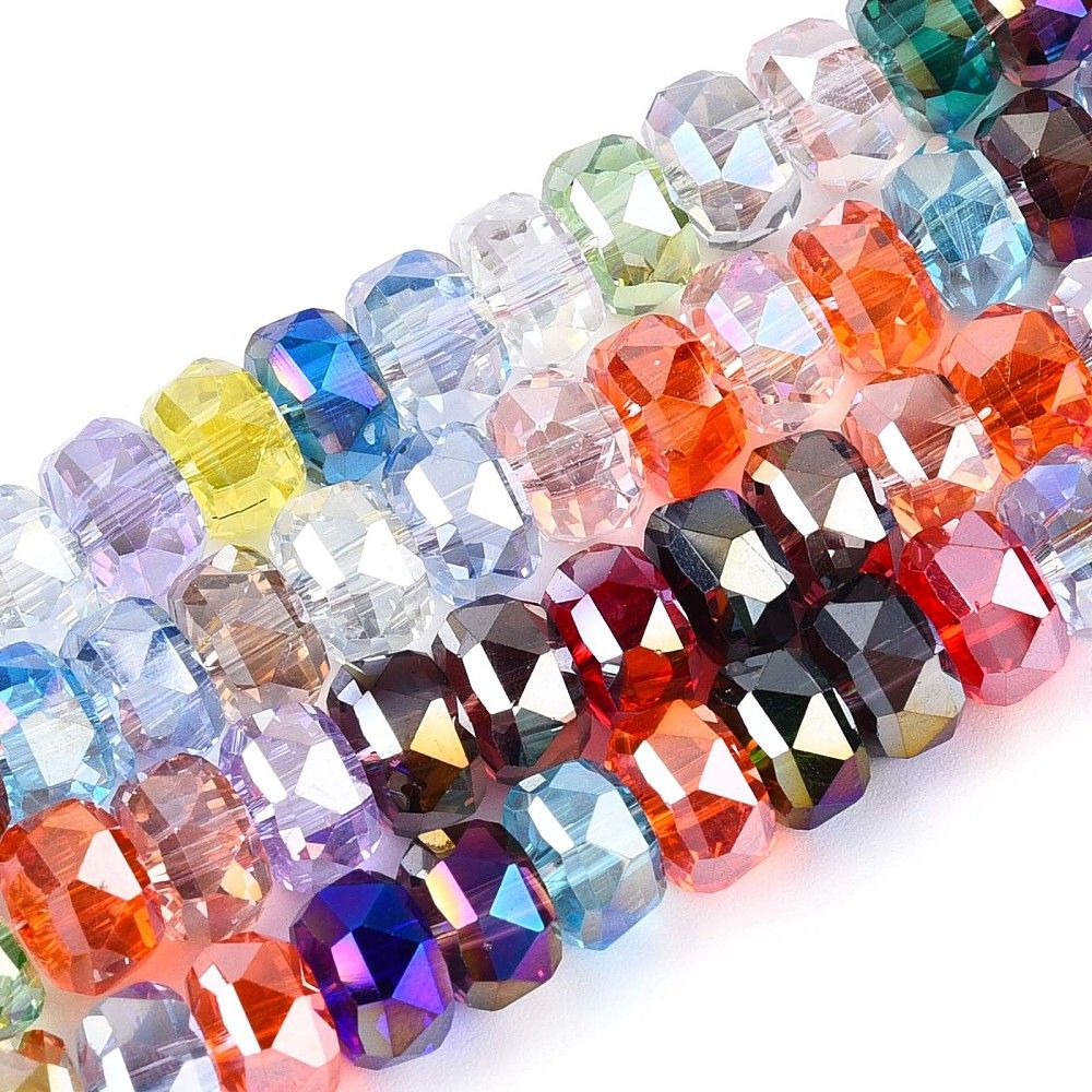 Electroplate Transparent Glass Beads Strands, Rondelle, Faceted, 7.5~8x4.5~5.5mm, Hole: 1.2~1.4mm, about 34~37pcs/strand, 7.09~7.28 inch(18~18.5cm)