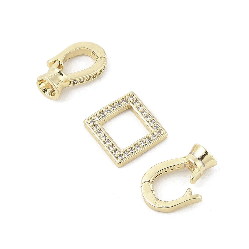 Brass Micro Pave Clear Cubic Zirconia Fold Over Clasps, Cadmium Free & Nickel Free & Lead Free, Square, Real 18K Gold Plated/25mm